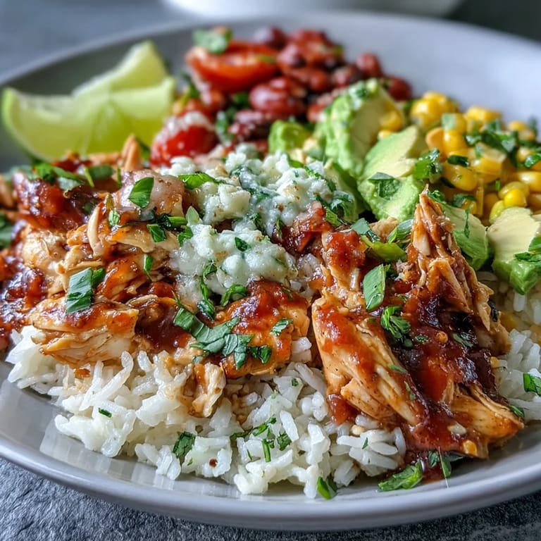 Easy salsa chicken bowls with juicy chicken, fluffy rice, and a rainbow of fresh toppings, perfect for a quick dinner.