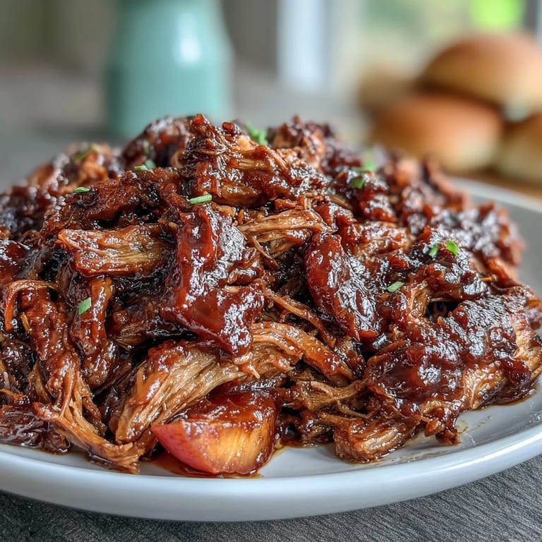 Slow-cooked pulled pork with peaches and honey BBQ sauce, served on a soft bun.
