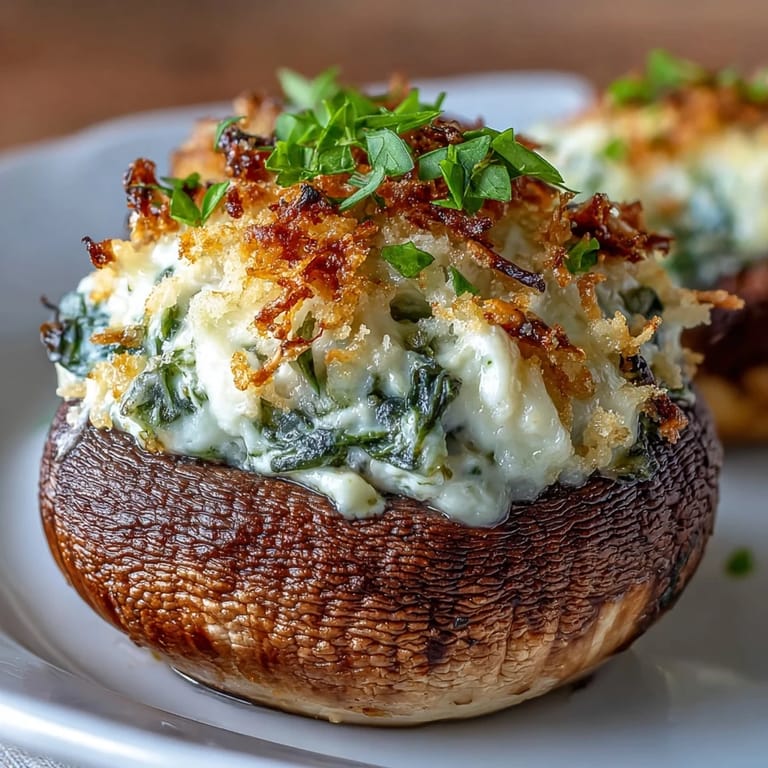 Creamy spinach and ricotta filling nestled inside tender mushroom caps, topped with Parmesan and breadcrumbs for a satisfying crunch. Perfect party appetizer.