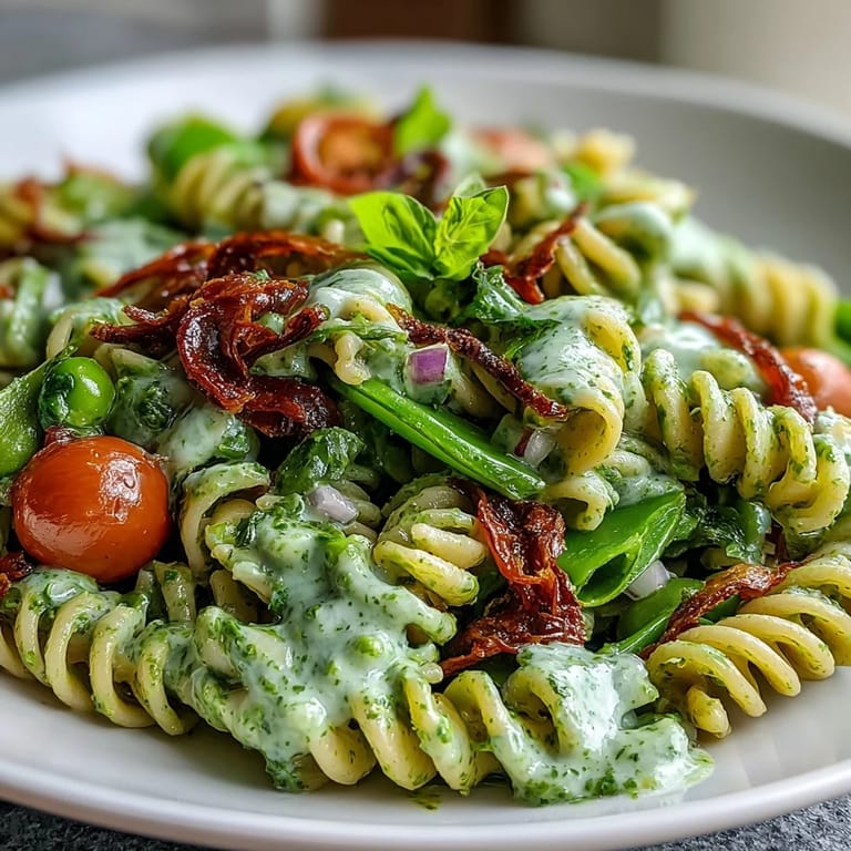 Colorful Green Goddess Pasta Salad featuring al dente pasta, spinach, and snap peas tossed in a herby avocado dressing.  