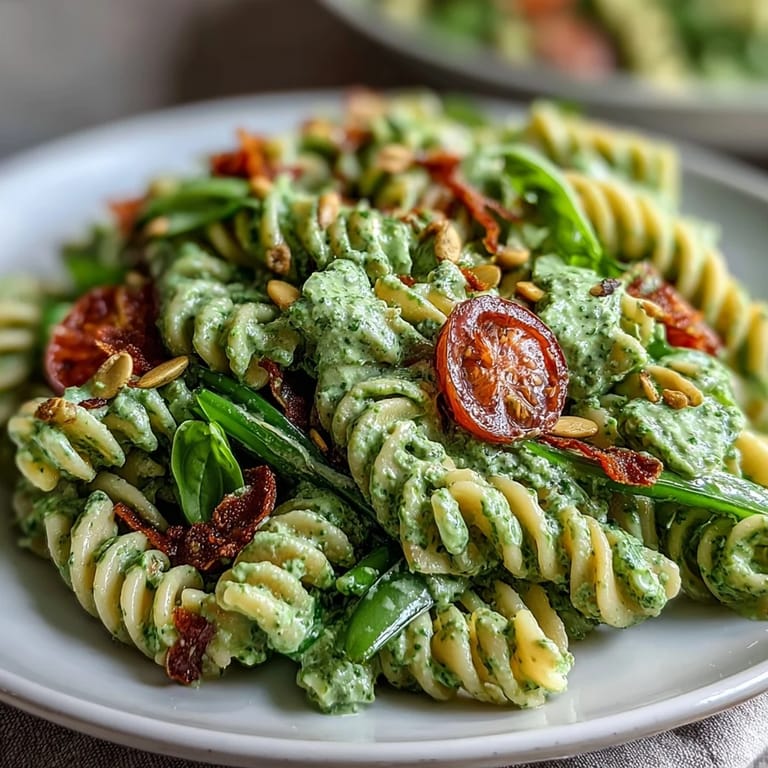 Creamy Green Goddess Pasta Salad with fresh basil, cucumber, and toasted pumpkin seeds for a light and refreshing meal.