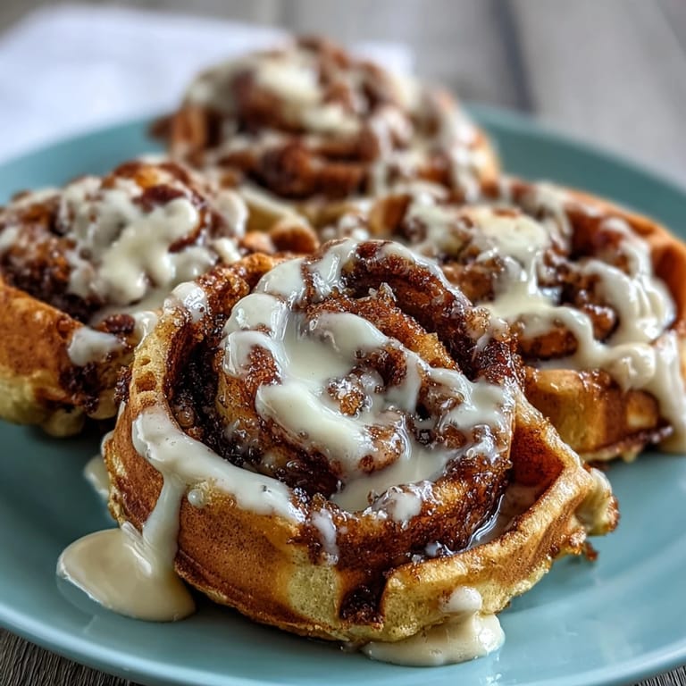 Golden waffles infused with warm cinnamon and topped with smooth cream cheese glaze, perfect for weekend brunch.  
