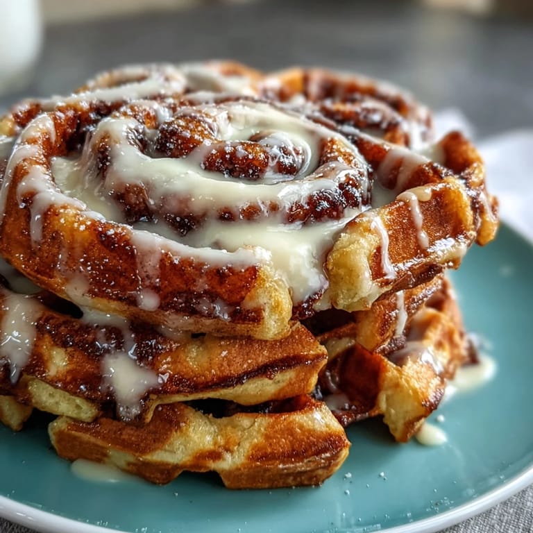 Crispy cinnamon roll waffles served warm with a luscious vanilla cream cheese drizzle, ideal for a decadent morning.