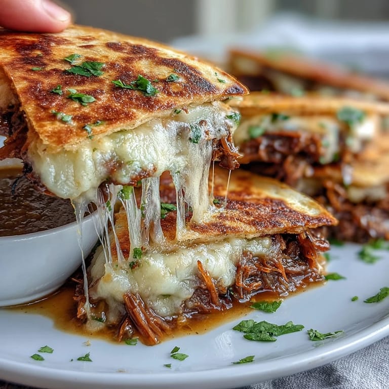 Cheesy beef birria quesadillas with golden tortillas, paired with spicy consommé dip for a festive Cinco de Mayo meal.