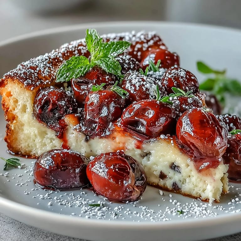 Elegant clafoutis showcasing sweet cherries nestled in a delicate vanilla custard, dusted with powdered sugar for a classic finish.