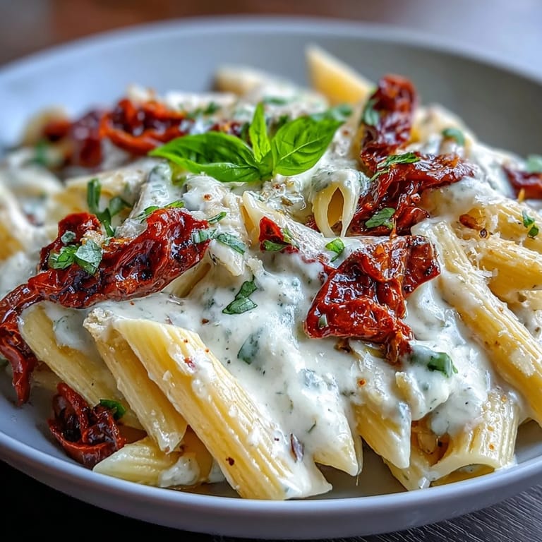 Rich, velvety pasta dish with garlic, sun-dried tomatoes, and heavy cream, topped with grated parmesan.