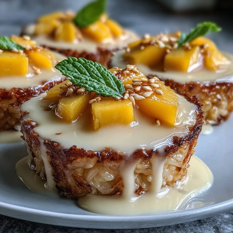 3. Individual servings of fragrant sticky rice drizzled with coconut sauce and crowned with ripe mango slices.
