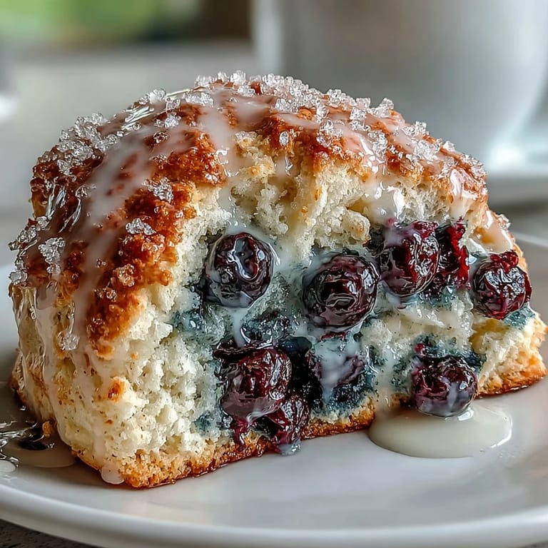 Close-up of a fluffy Lemon Blueberry Scone, ready to be enjoyed with coffee or tea.