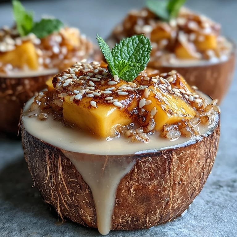 2. Sweet coconut-infused sticky rice topped with juicy mango in elegant cups, perfect for a refreshing Thai-inspired treat.  