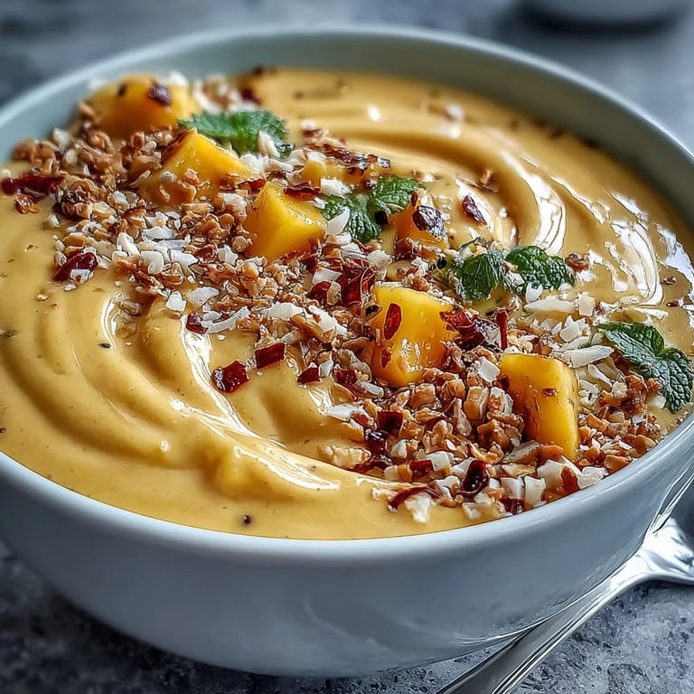 Creamy mango smoothie base blended with zesty lime and chili, garnished with colorful fruit slices and crunchy toppings for a refreshing meal.