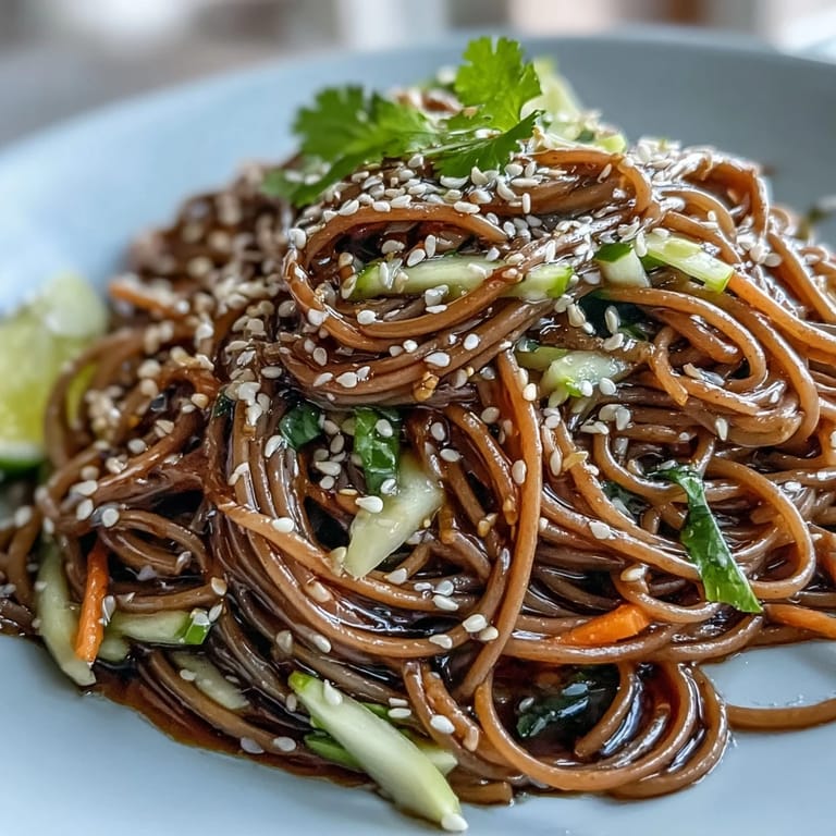Colorful soba noodle salad with sesame ginger dressing, perfect for a light lunch.
