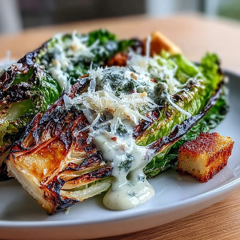 Warm Grilled Caesar Salad with visibly charred romaine, drizzled dressing and shaved Parmesan.