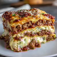 Golden, bubbly cheese tops layers of Worlds Best Lasagna with meat sauce, ricotta, and noodles served in a baking dish.