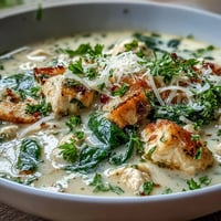 Creamy Garlic Parmesan Chicken Soup garnished with parsley in a rustic bowl, ready to serve with crusty bread.