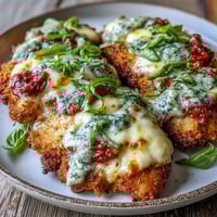 Golden brown breaded chicken breasts topped with melted mozzarella, marinara sauce, and fresh basil pesto, served hot from the oven on a plate.