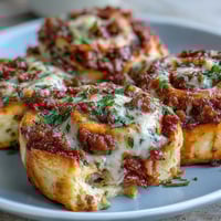 Freshly baked Irresistible High Protein Pepperoni Pizza Rolls sit on a wire cooling rack, featuring golden-brown spirals with visible pepperoni and melted mozzarella cheese, drizzled with olive oil and herbs.