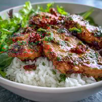 Juicy chicken marinated in sun-dried tomatoes, served over fluffy rice with fresh greens and feta cheese.