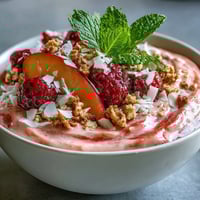 Creamy, vibrant Guava and Mango Smoothie Bowl topped with granola, coconut flakes, and fresh berries for a nourishing breakfast.
