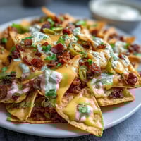 Hearty Loaded Baseball Nachos with jalapeños, cheese sauce, and seasoned beef on crispy tortilla chips.  