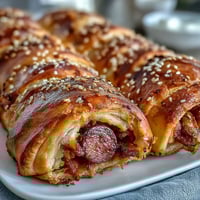 Golden puff pastry pigs in a blanket with cocktail sausages, served with tangy mustard dip for game day snacking.