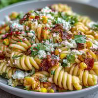 Creamy Elote Pasta Salad with Cotija, Chili, and Lime, bursting with sweet corn and zesty dressing in every bite.