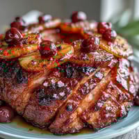 Honey glazed ham with pineapple slices glistening under a golden caramelized honey-mustard glaze, surrounded by festive maraschino cherries.