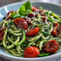 Fresh zucchini noodles tossed with vibrant basil pesto and juicy cherry tomatoes in a light, healthy summer dish.  