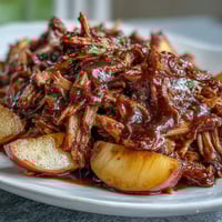 Honey peach BBQ pulled pork in crockpot, juicy and tender, glazed with sweet and tangy sauce.