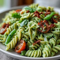 Fresh Green Goddess Pasta Salad with creamy avocado dressing, cherry tomatoes, and crisp vegetables in a vibrant bowl.  