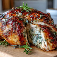 Herb Butter Roast Chicken with Preserved Lemon: Juicy whole chicken roasted with herb butter under the skin and tangy preserved lemon, served golden and aromatic.