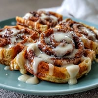 Fluffy waffles with a cinnamon-sugar swirl, drizzled with rich vanilla cream cheese glaze for a sweet breakfast treat.  