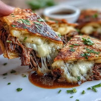 Crispy Cinco de Mayo birria quesadillas filled with tender beef and melted cheese, served with rich consommé for dipping.