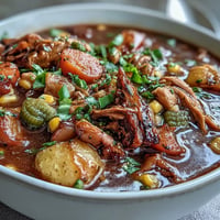 Hearty Kentucky Derby Burgoo Stew simmering with tender beef, pork, and chicken in a rich, savory broth.