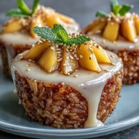 1. Vibrant mango sticky rice cups layered with creamy coconut rice and fresh mango slices for a modern Thai dessert.  