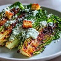 Grilled Caesar Salad with Charred Romaine, smoky, creamy, Parmesan, and croutons.